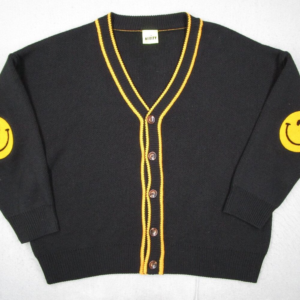 Neoity Sweater Women One Size Black Button Up Cardigan Happy Face Long Sleeve